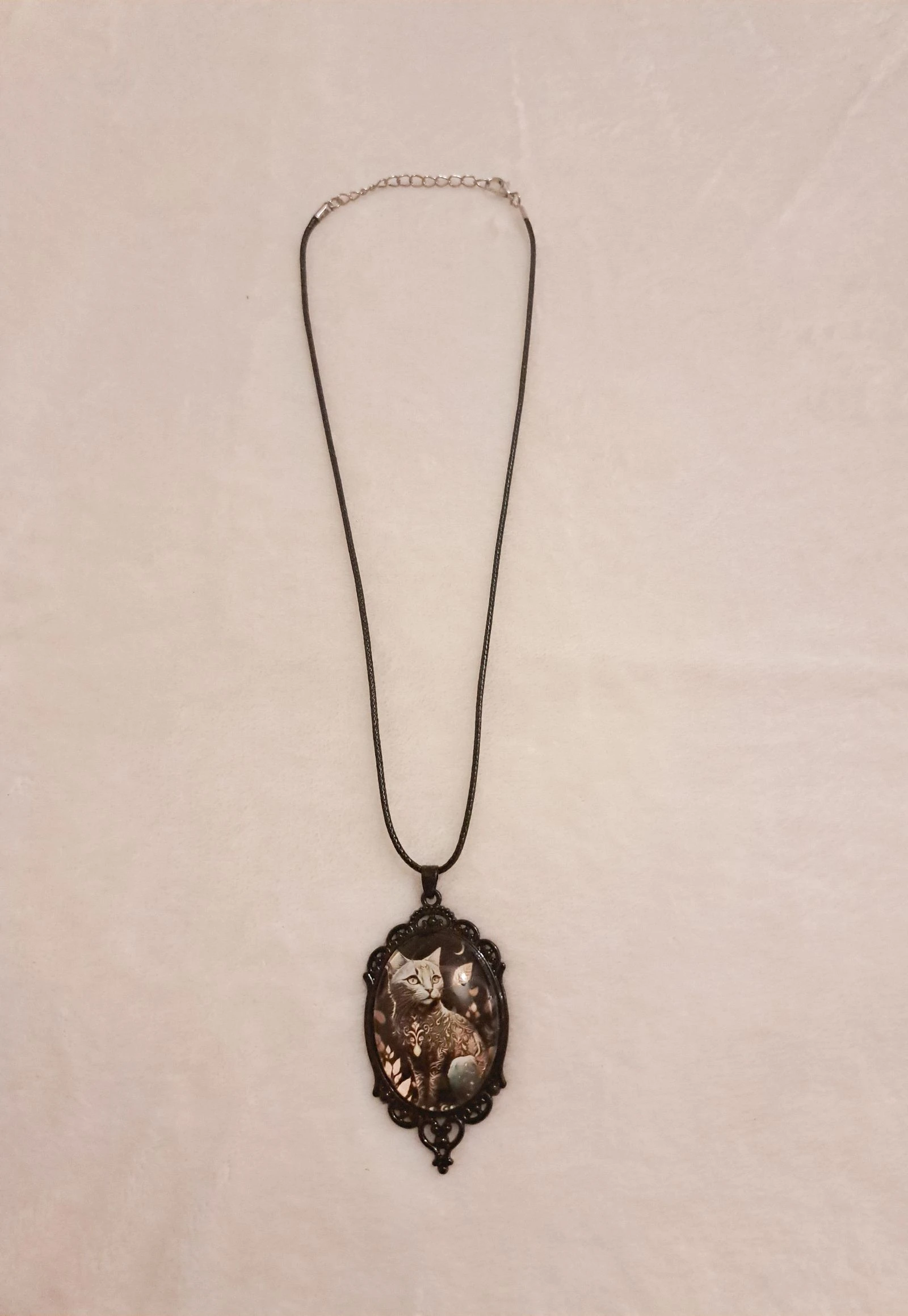 Gothic Cat Cameo Necklace • Vintage Black Pendant • Dark Academia • Witchy Jewelry